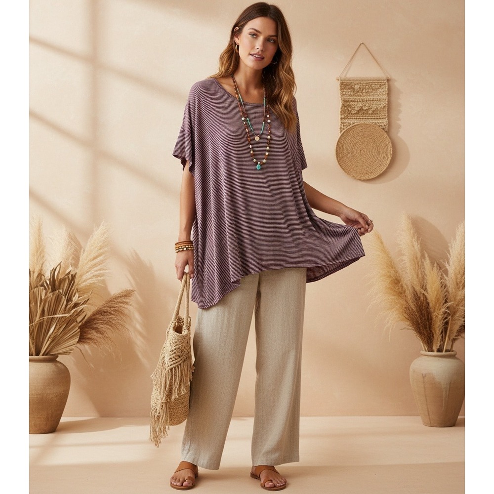 American Eagle M Top Tee Burgundy Striped Slouchy Linen Womens Oversized Grunge